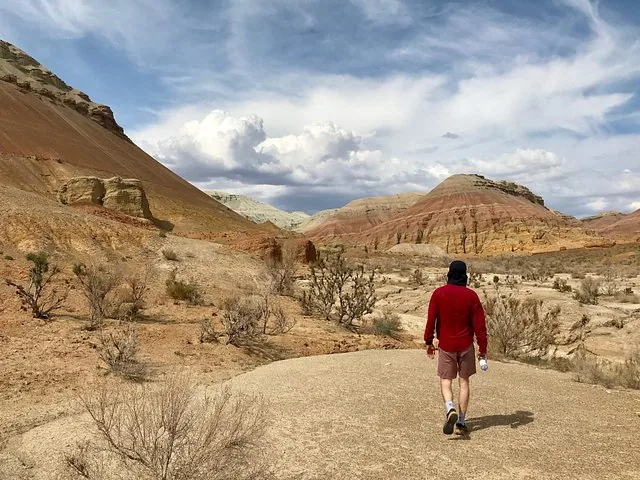 A person walking on a sandy path towards the colorful Aktau Mountains.